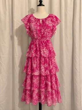 Fuschia Pink Floral Tiered Ruffle Midi Dress Size 4 NWT